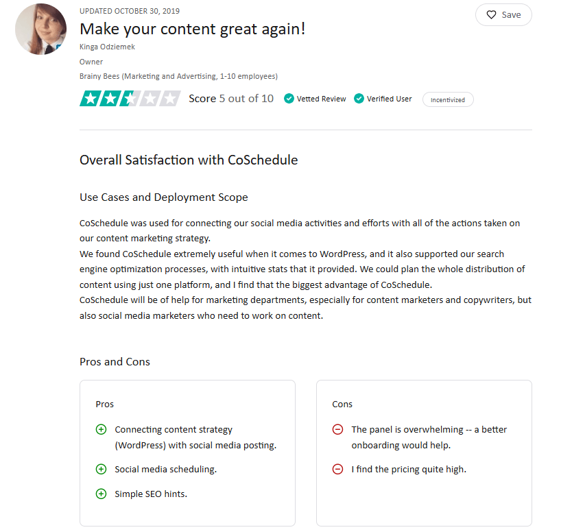 A Screenshot of a Customer Review About Using CoSchedule