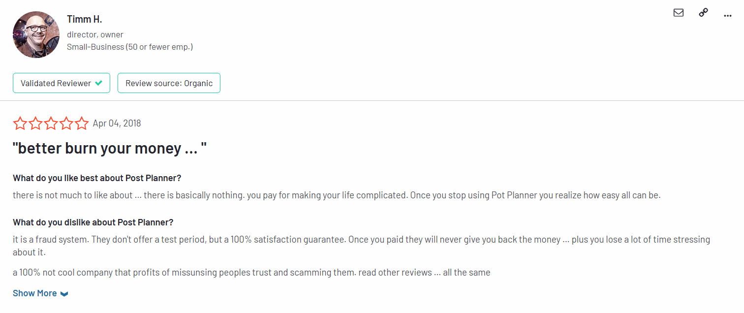 A Screenshot of a Customer Review About Using Post Planner