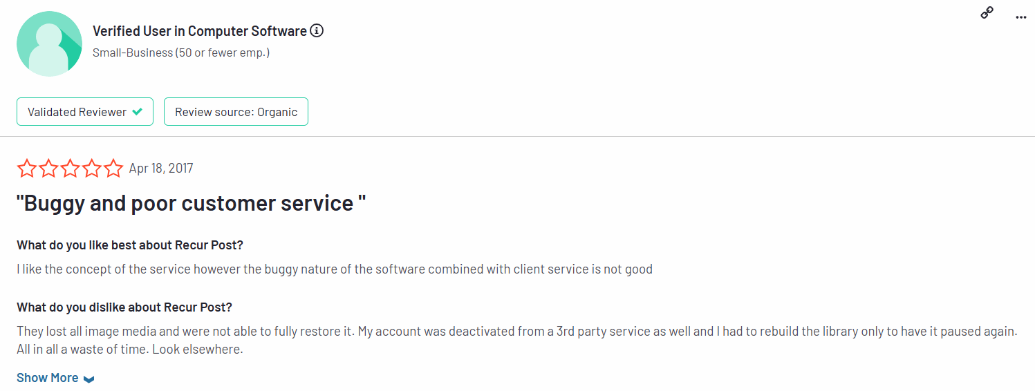 A Screenshot of a Customer Review About Using RecurPost