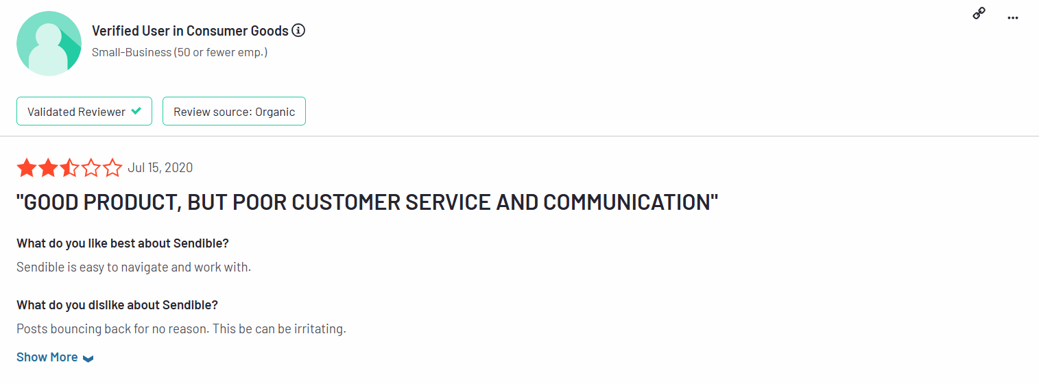 A Screenshot of a Customer Review About Using Sendible