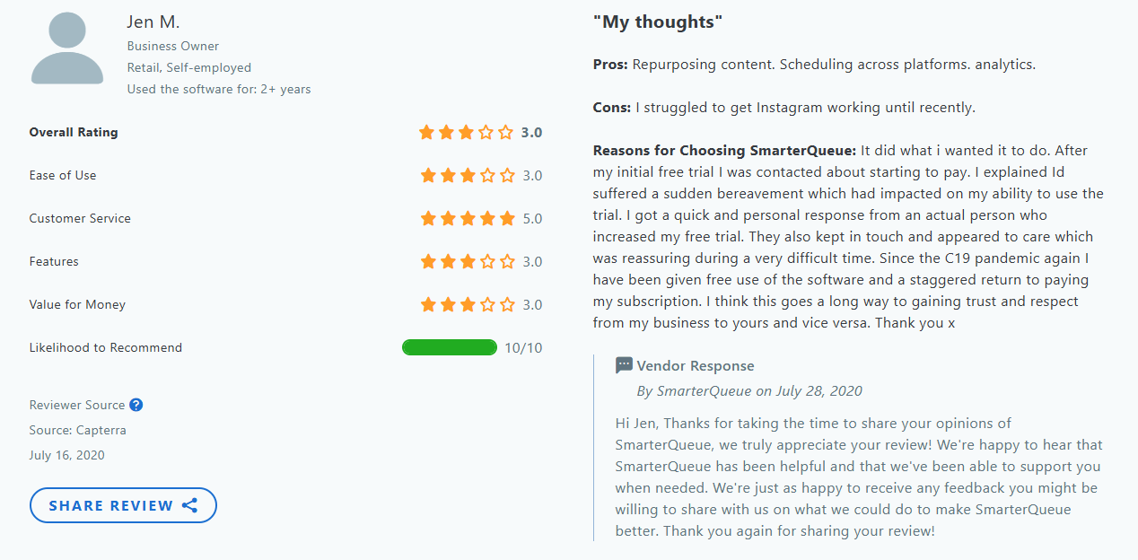 A Screenshot of a Customer Review About Using SmarterQueue