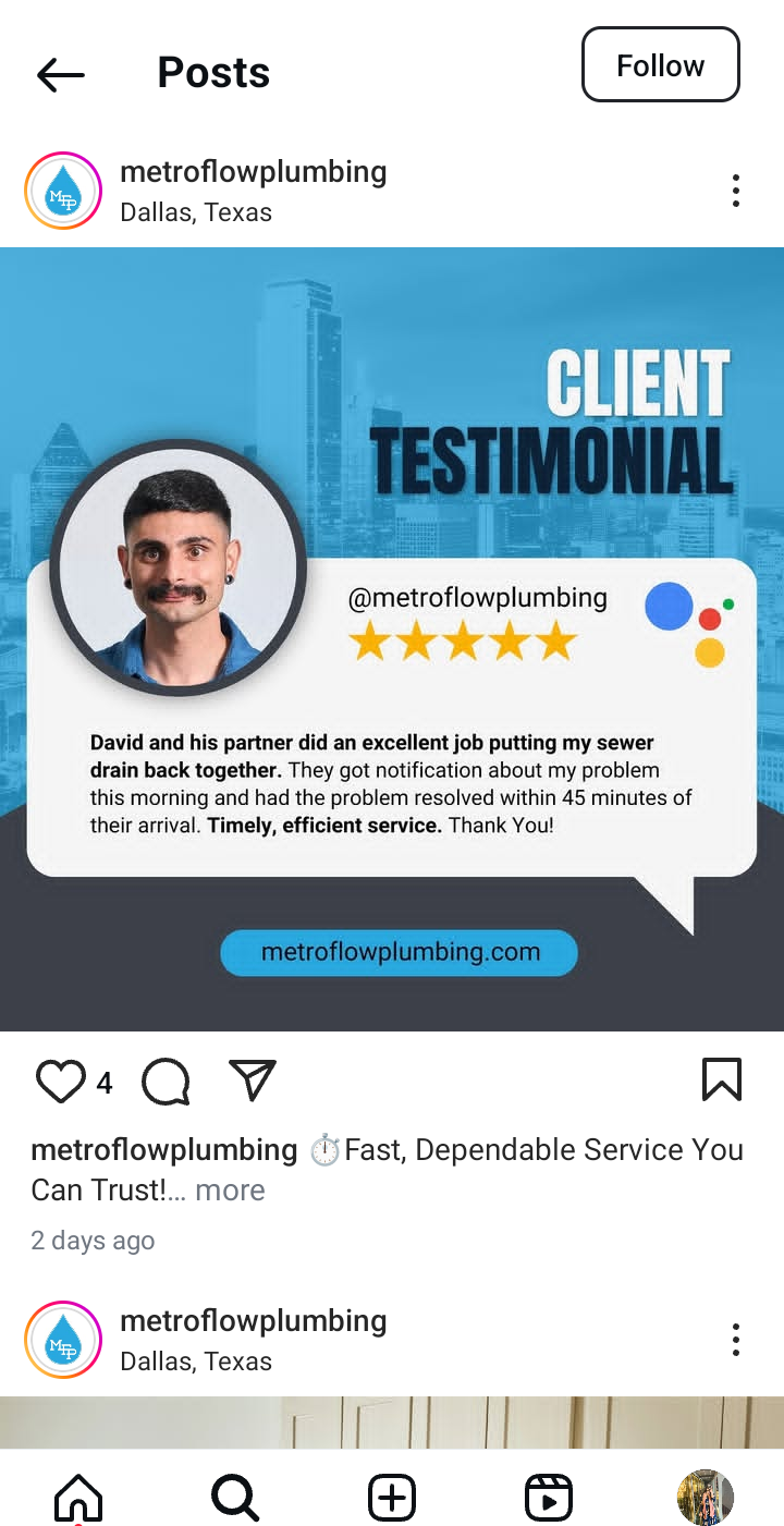 A Client’s Testimonial Posted by a Plumbing Company