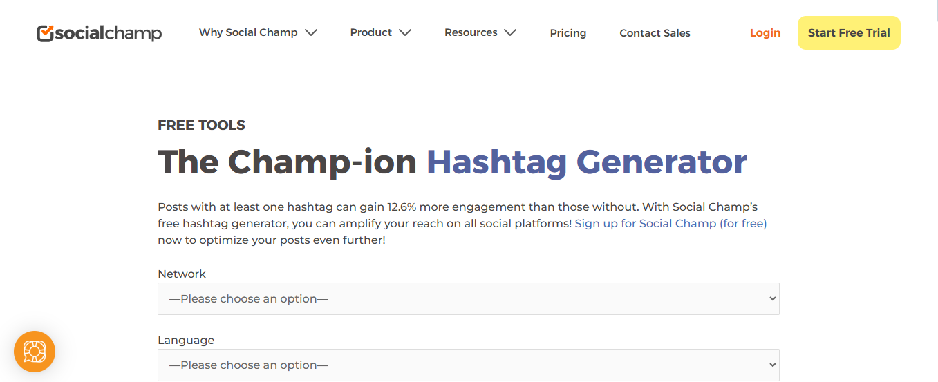 Landing Page for Social Champ's Hashtag Generator