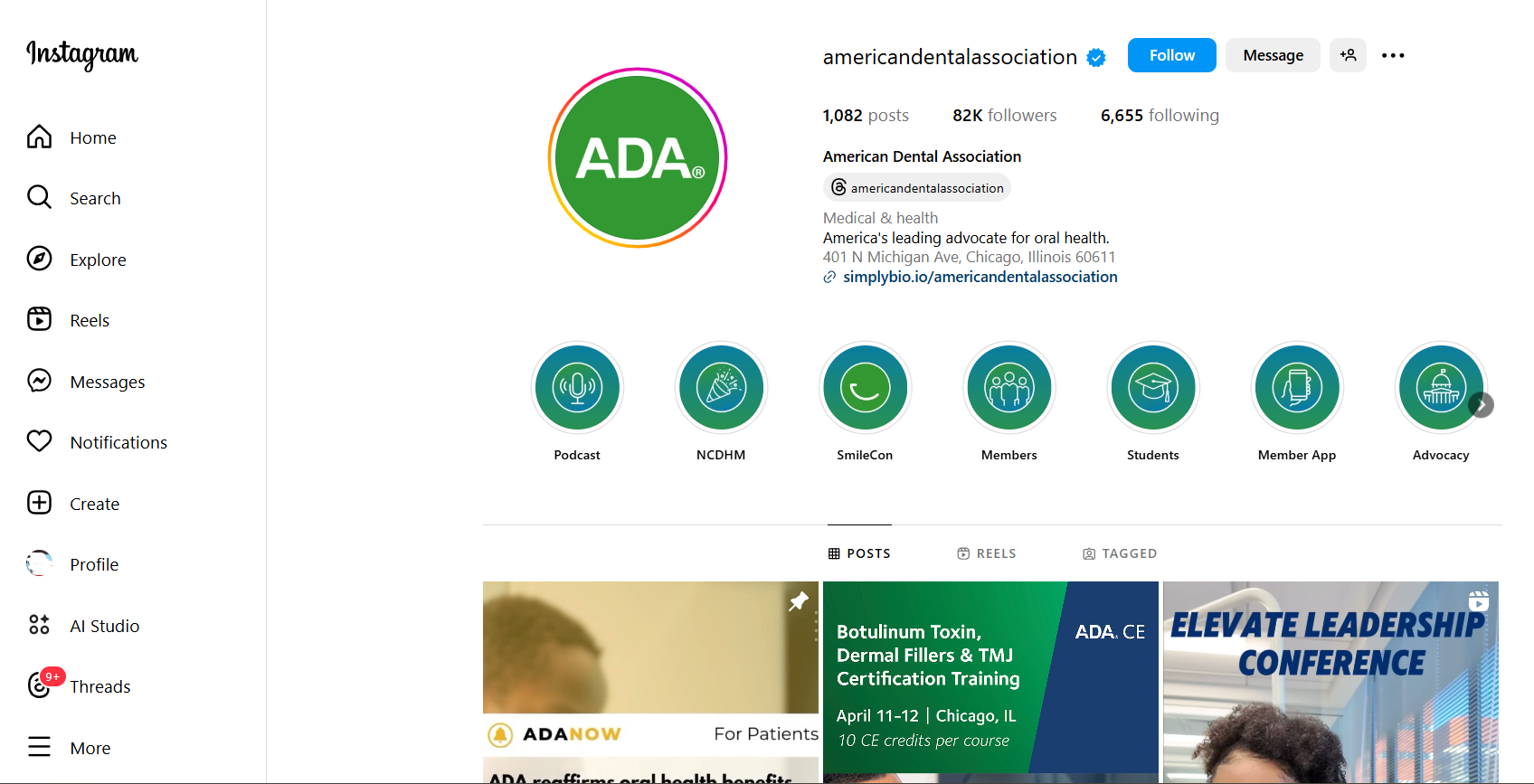 American Dental Association Profile on Instagram