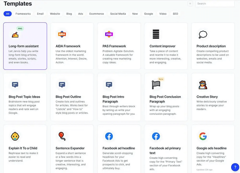 Jasper AI Templates' Dashboard