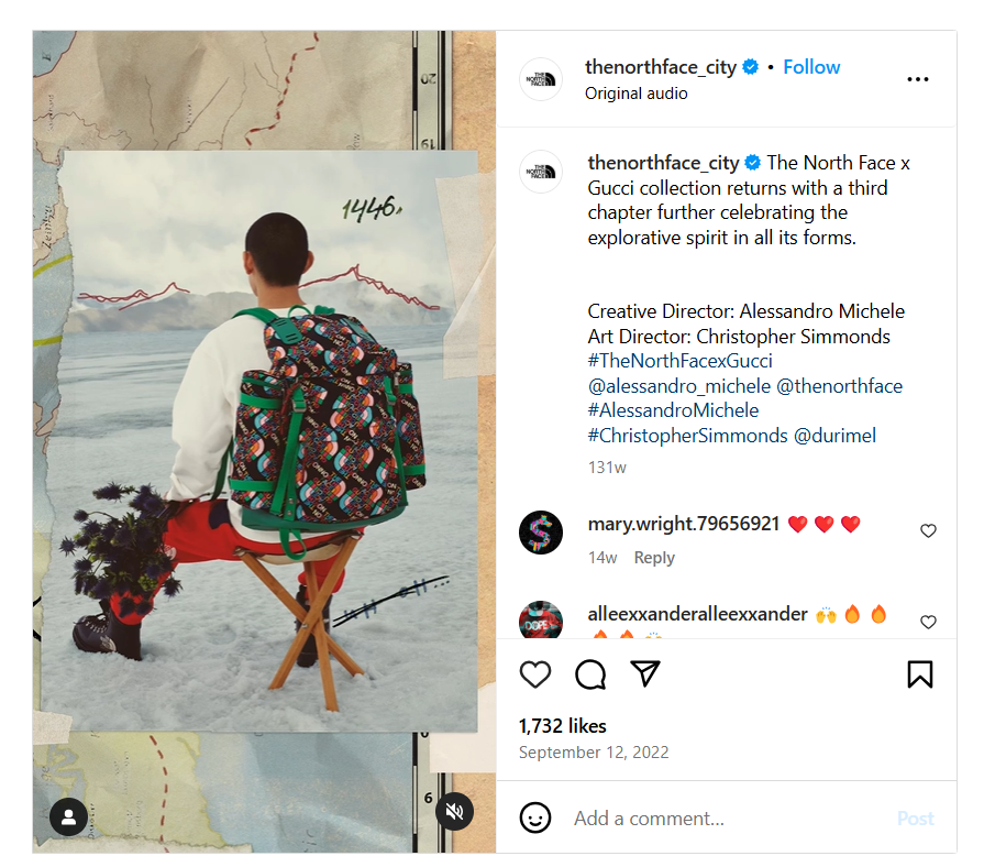 Instagram post of Gucci and Northface collaboration