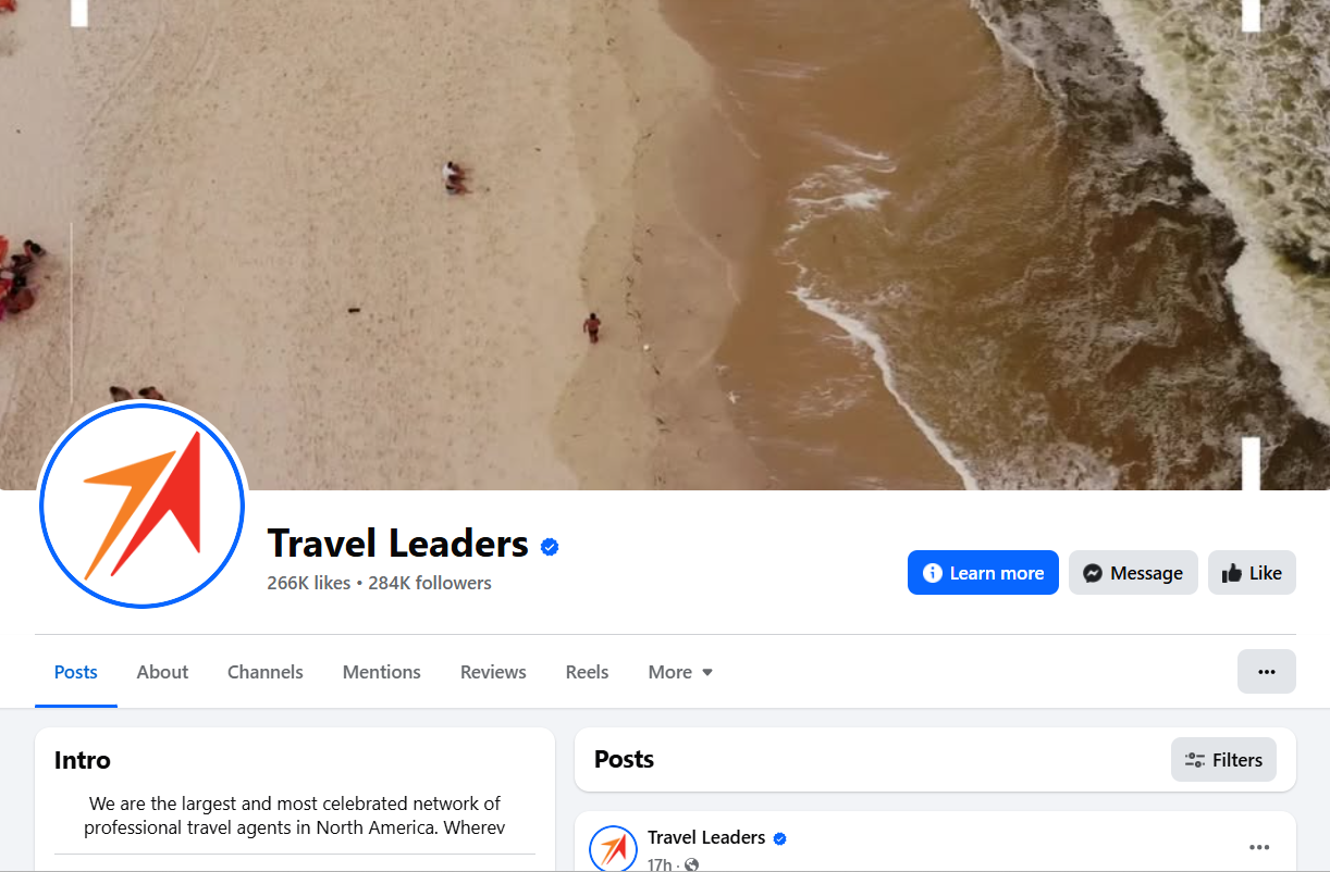 Facebook Page of Travel Leaders
