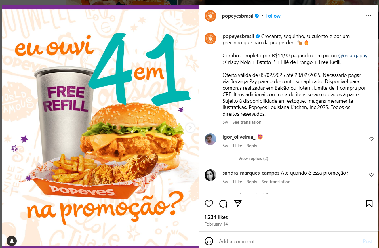 Screenshot of Popeyes Brazil Instagram