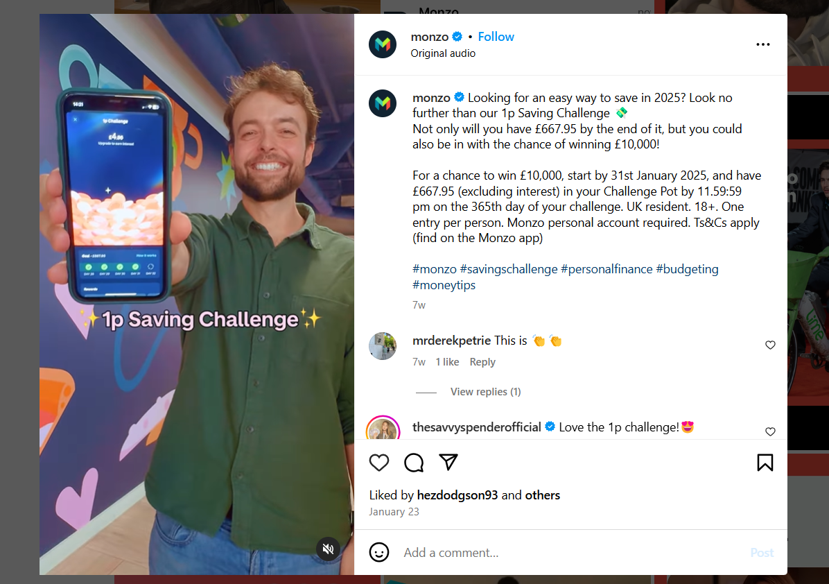 Monzo’s 1P Saving Challenge on Instagram
