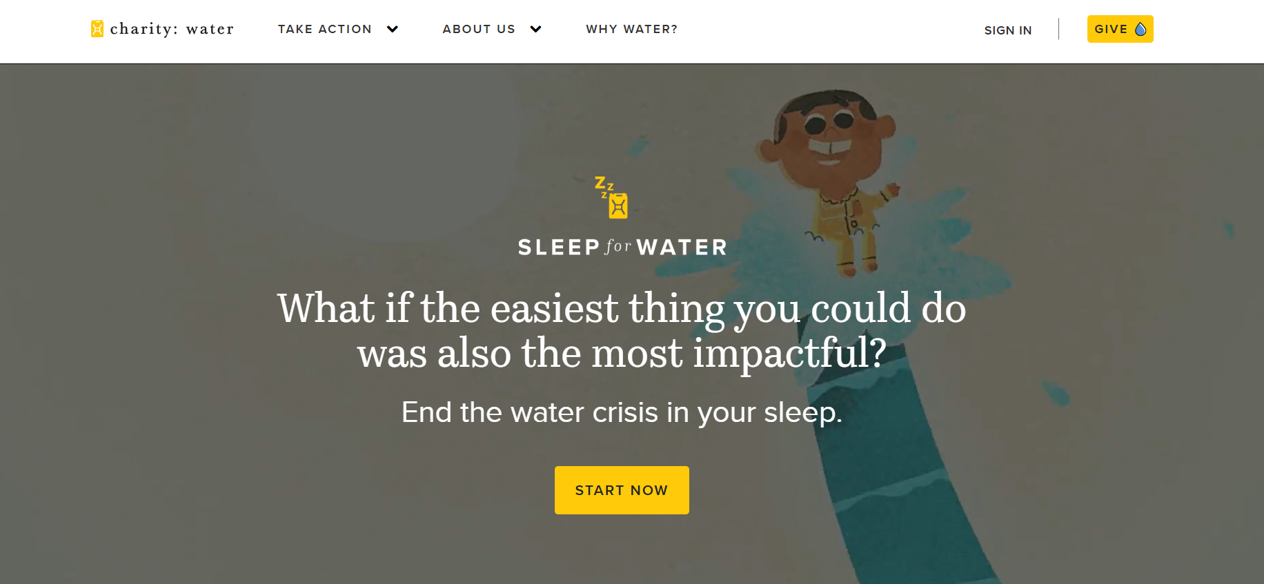 Homepage of Charity; Water’s Sleep For Water campaign