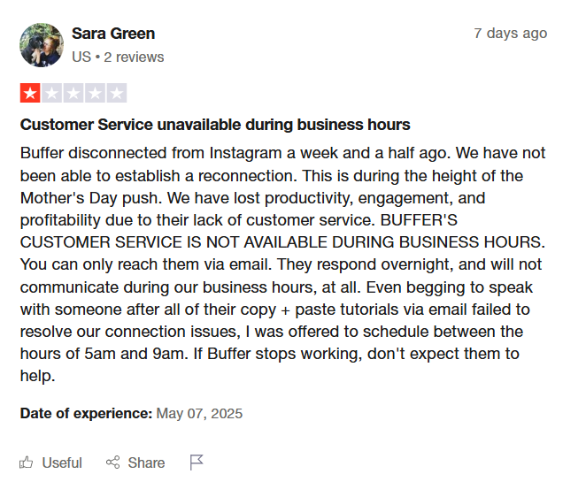A User Review About Buffer’s Poor Customer Support on Trustpilot