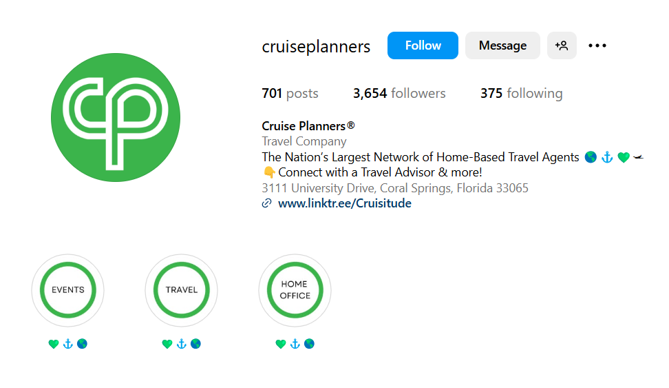 CruisePlanners’ Optimized Profile on Instagram