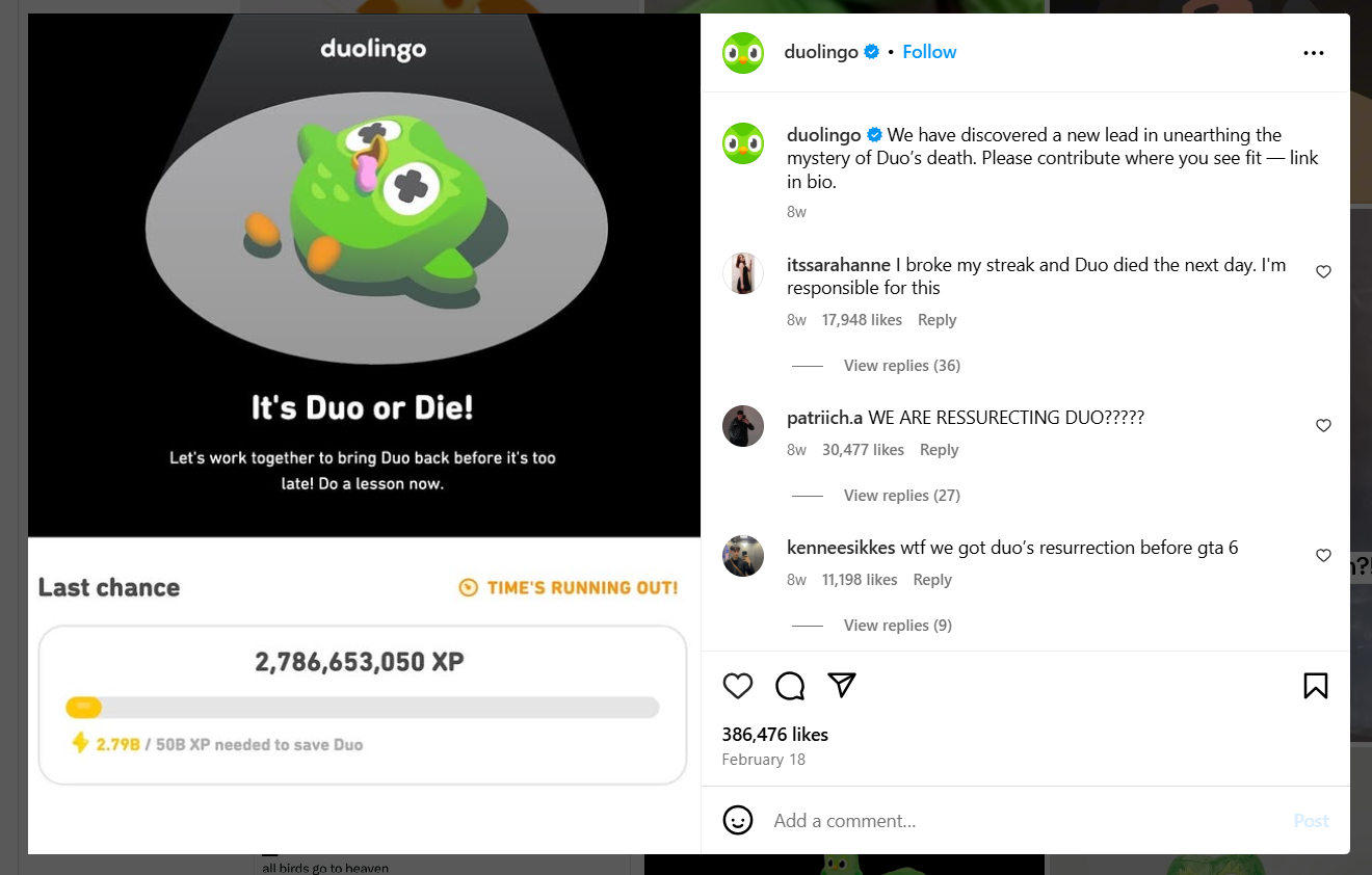 Example of Duolingo’s Humorous Post on Instagram