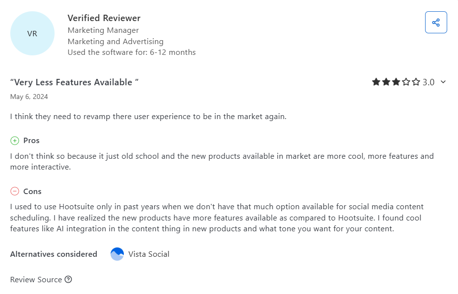 A Hootsuite User Reviewed With a 3-Star Rating