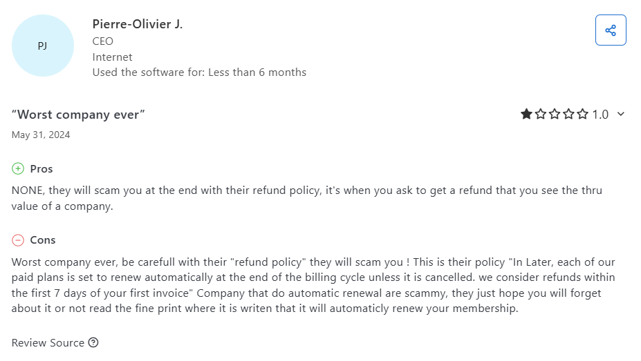 A Later User Reviewed With a 1-Star Rating