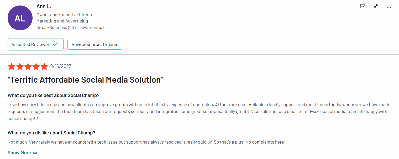 A Social Champ User Reviewed With a 5-Star Rating
