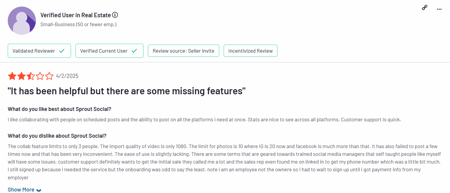 A Sprout Social User Reviewed With a 3-Star Rating